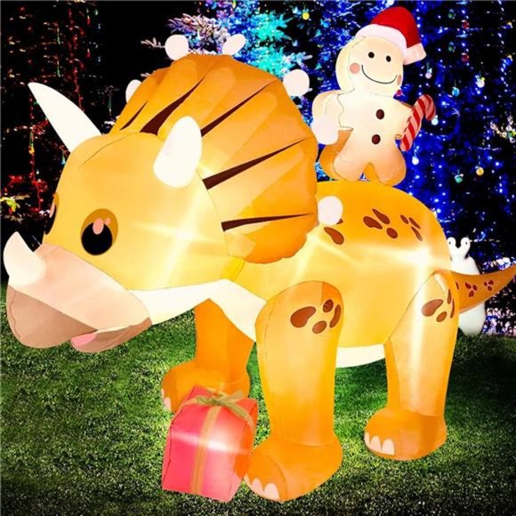 Dinosaur Christmas Inflatable, 8 Ft Blow up Triceratops with 6 Built-in LED - Picture 1 of 6